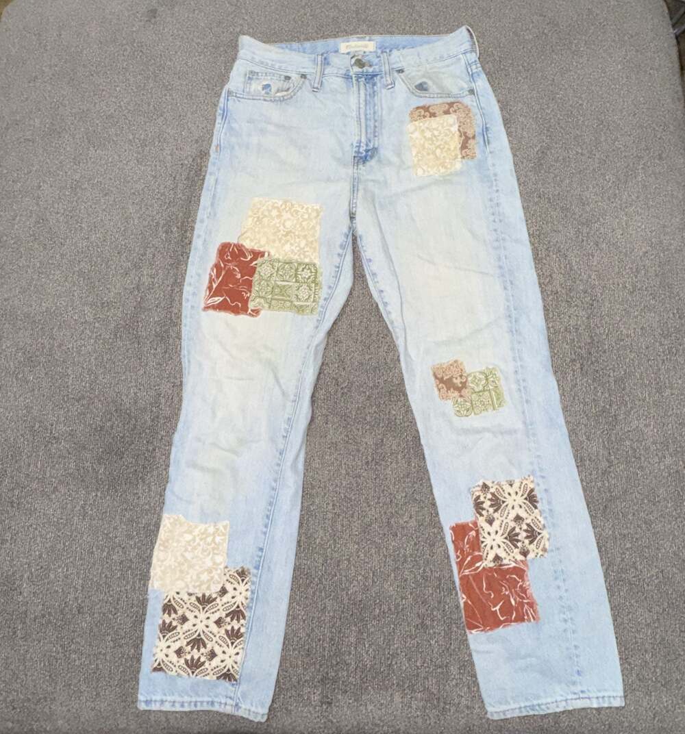 Madewell High-Rise Straight Leg Light Wash Jeans with Patterned Patches